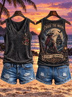 Moonlit Pirate Woman “Chase the Moon, Stay Untamed” Women’s V-Neck Sleeveless Tank Top