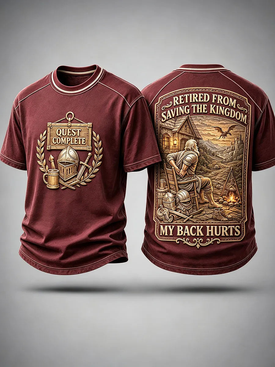 Men’s “Quest Complete – Retired from Saving the Kingdom” Knight Humor Graphic T-Shirt