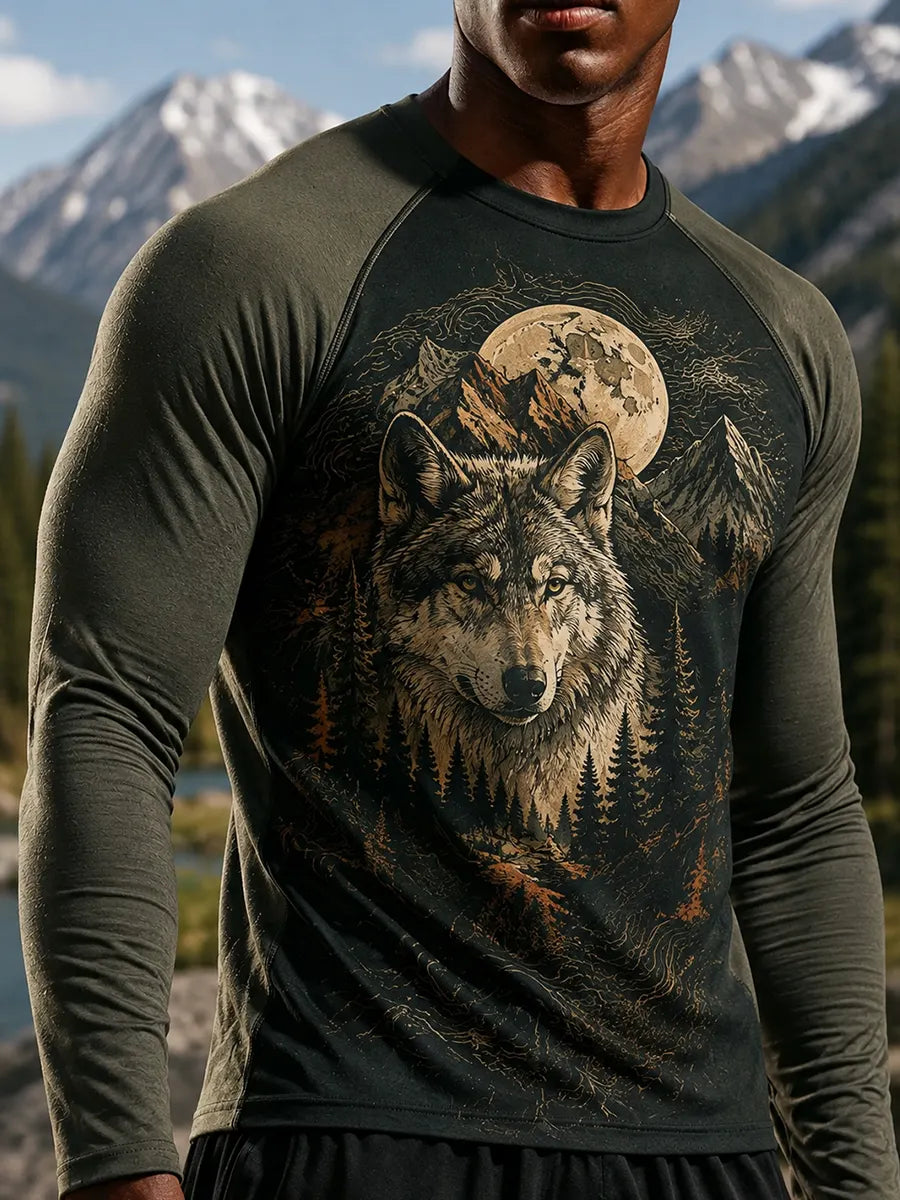 Men's Wolf Moon and Mountain Print Lightweight Thermal Long Sleeve T-Shirt