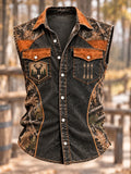 Vintage Woodland Camo Deer Hunting Sleeveless Collared Shirt