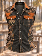Vintage Woodland Camo Deer Hunting Sleeveless Collared Shirt