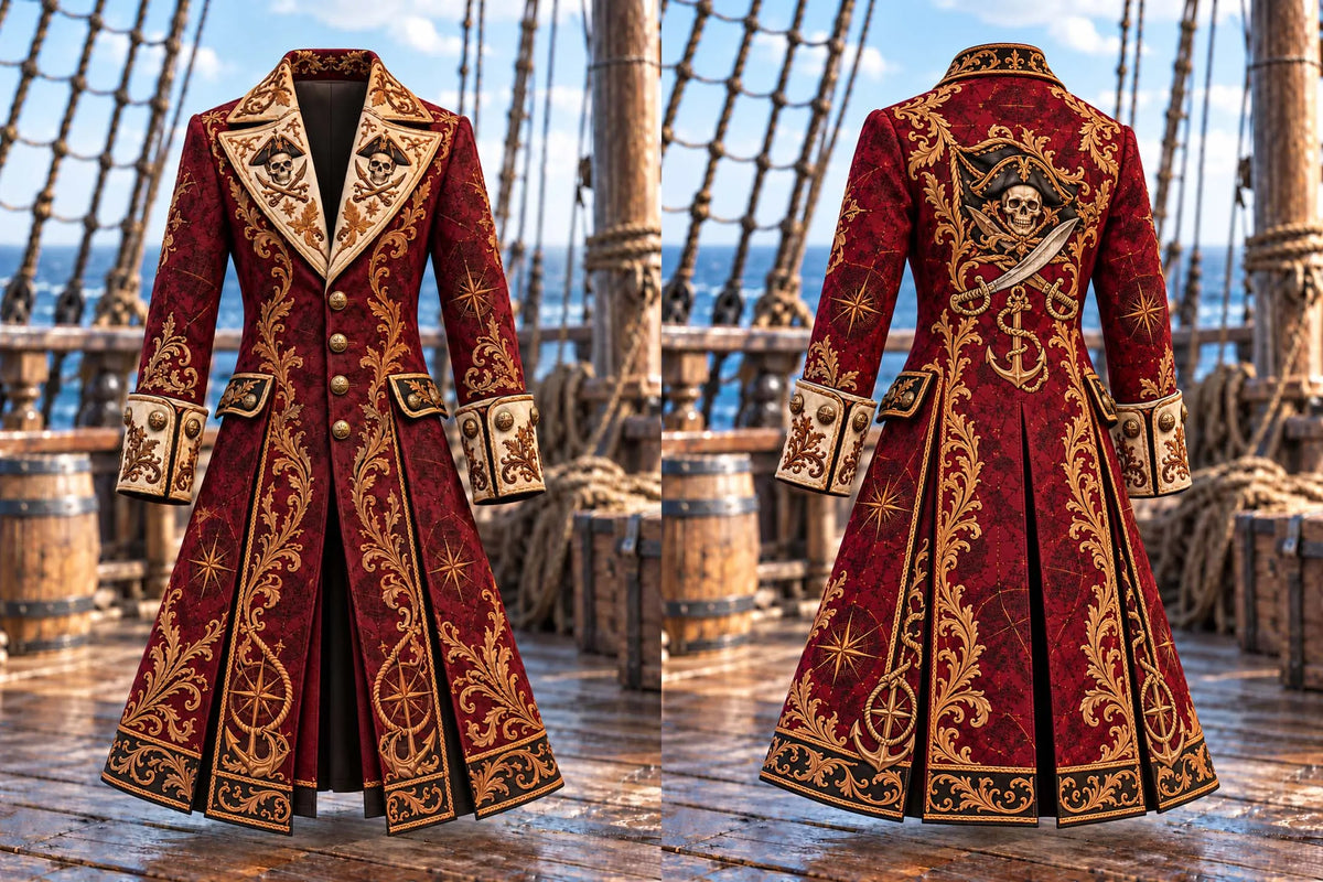 ⚓ Victorian Gold Scroll & Jolly Roger Crimson Pirate Coat