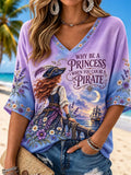 Moonlit Pirate Woman Sailing Ship Floral Vintage Women’s 3/4 Sleeve Blouse