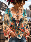 Women's Vintage-Style Pirate Art Print Casual Top