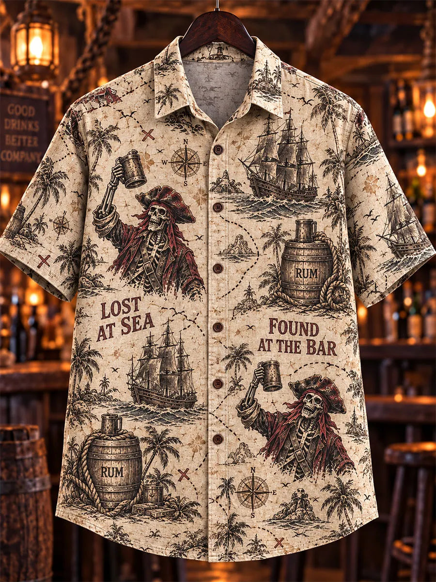Men’s Vintage Pirate & Sailing Ship Allover Print Short Sleeve Shirt