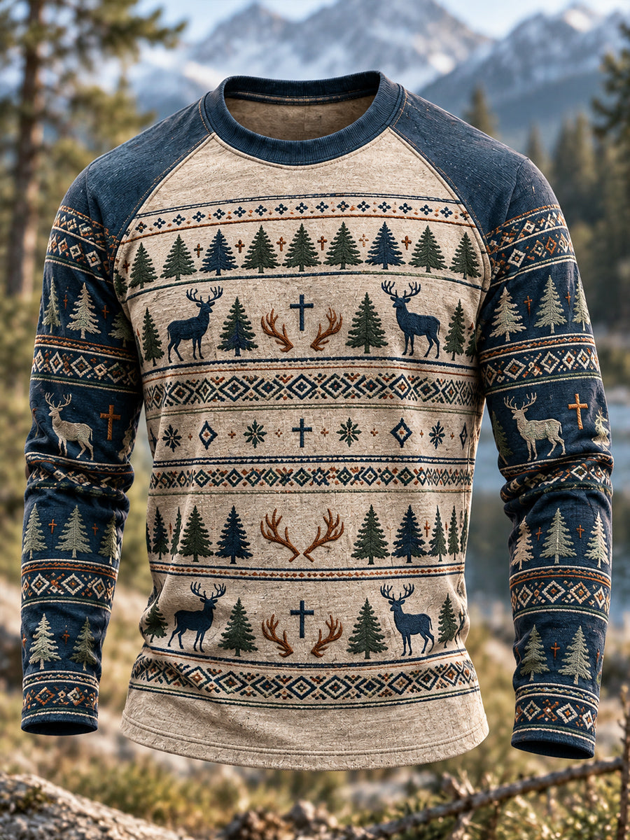 Men’s Vintage Retro Hunting Culture Print Long Sleeve T-Shirt