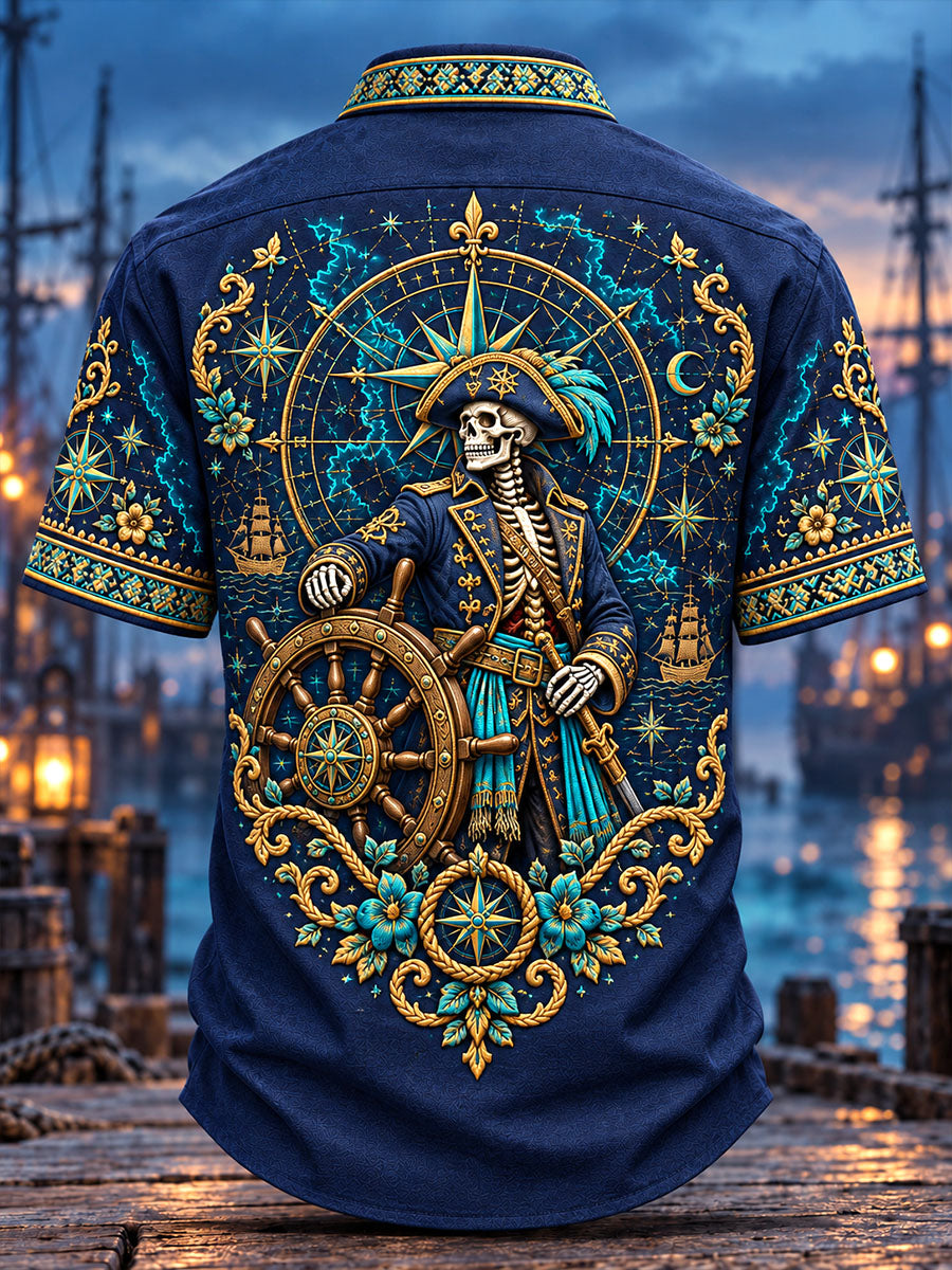 Nautical Compass Twin Pirate Skeleton Short Sleeve Shirt