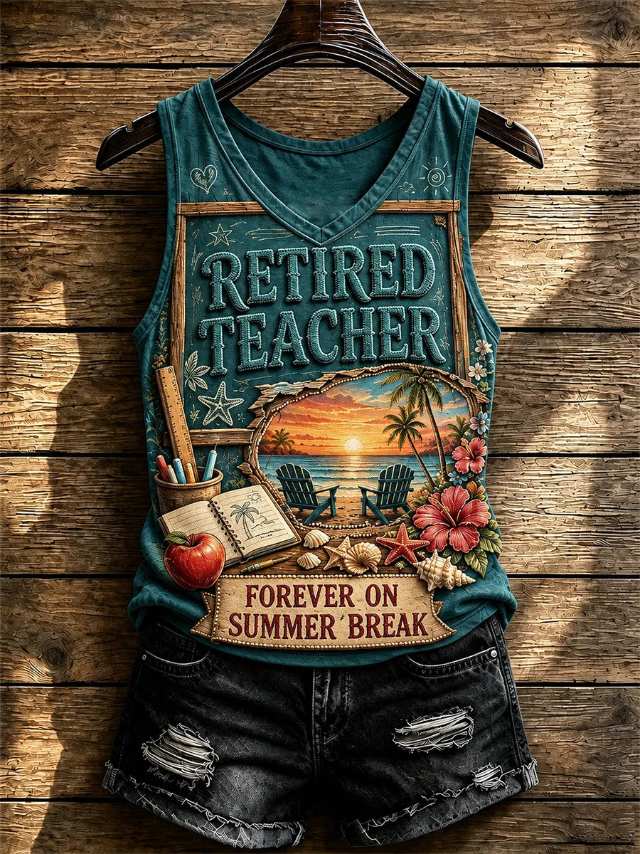 Women’s Retired Teacher Seaside Vacation Graphic V-Neck Tank Top