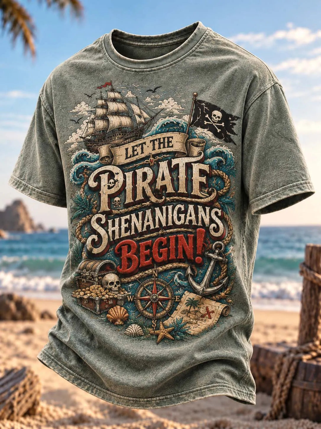 ⛵ Let The Pirate Shenanigans Begin Retro Typography Treasure Map Graphic Tee