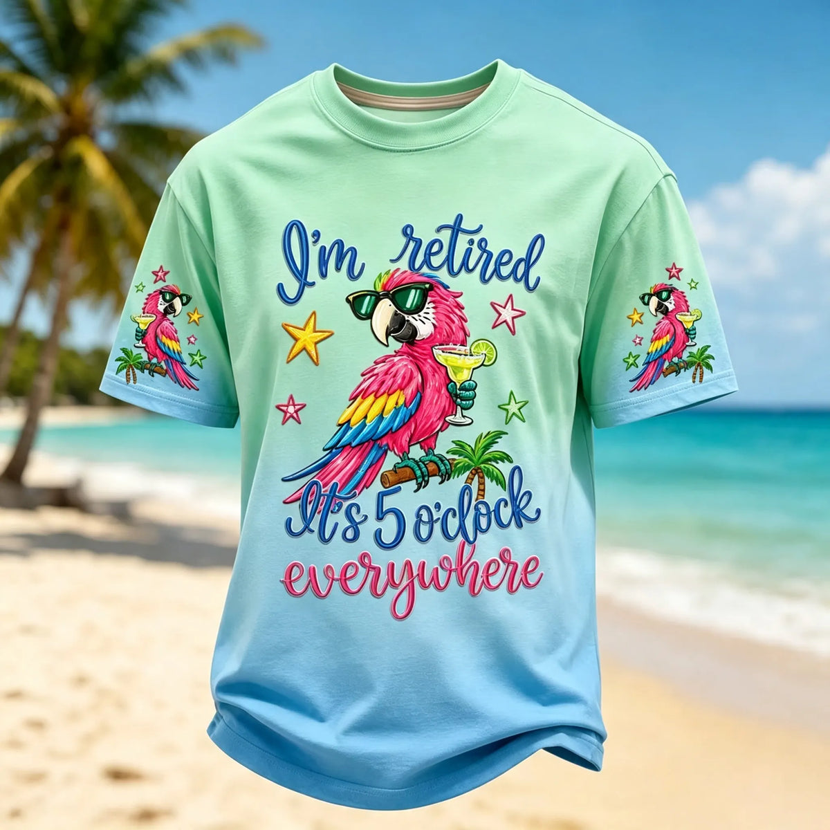 Men's  I'm Retired It's 5 O'clock Everywhere Parrot Print Short Sleeve  T-shirt