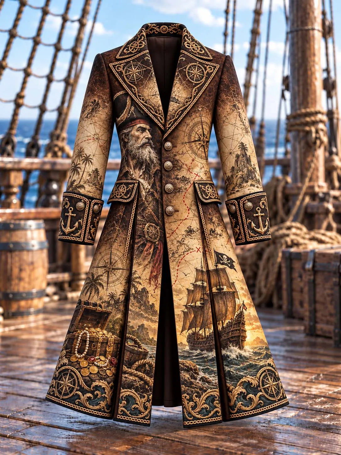 🗺️ Treasure Island Map & Captain Portrait Vintage Long Coat