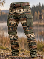 Men's Vintage Hunting Themed Print Style Multi Pocket Casual Cargo Pants