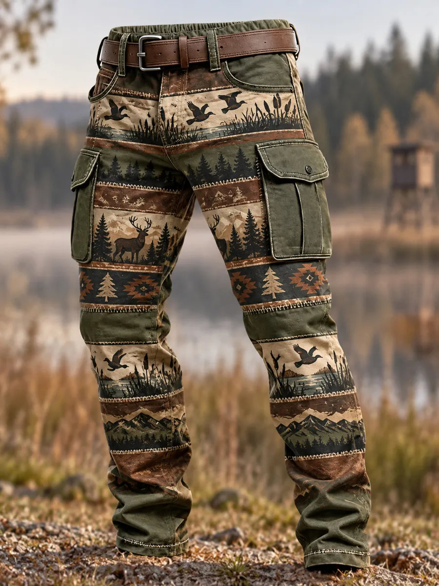 Men's Vintage Hunting Themed Print Style Multi Pocket Casual Cargo Pants