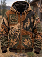 🌲 Hunting Season Buck Elk Mountain Patchwork Zip Hoodie