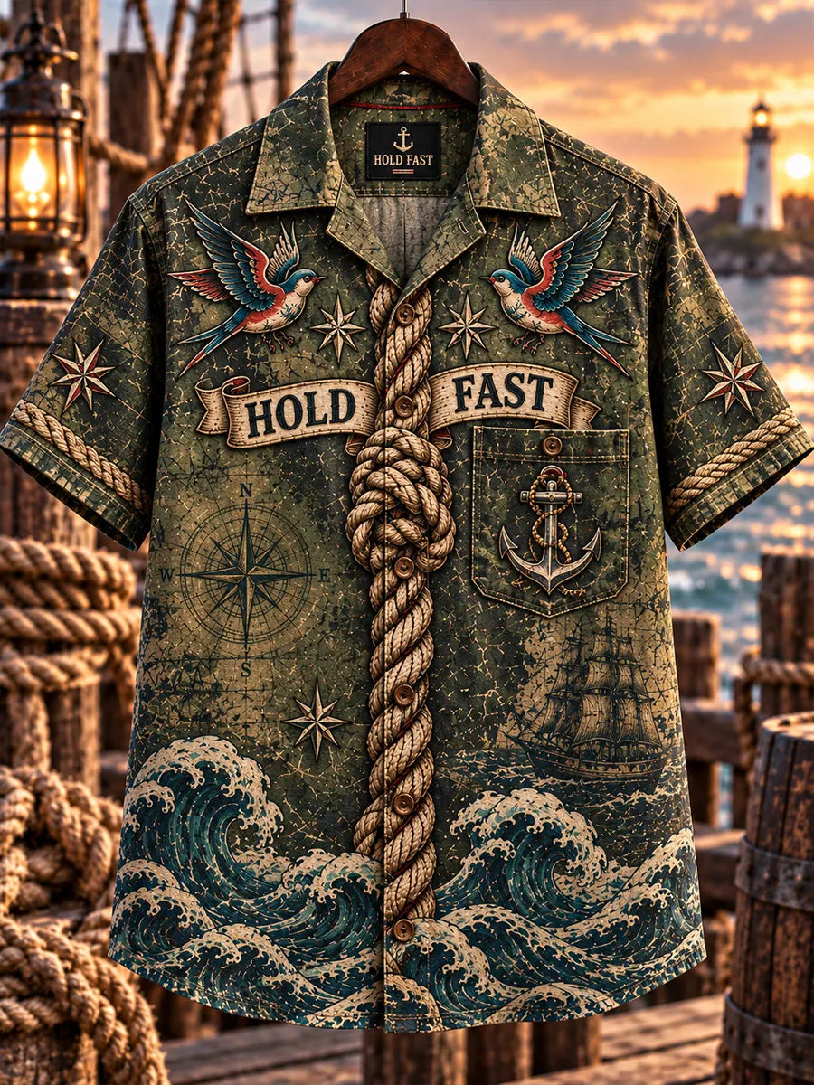 🪢 HOLD FAST Men's Vintage Sailor Tattoo Tightly Gripped Rope Military Green Casual Shirt