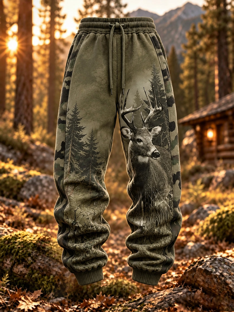 Men’s Retro Deer Hunting Relaxed Wide-Leg Drawstring Pants