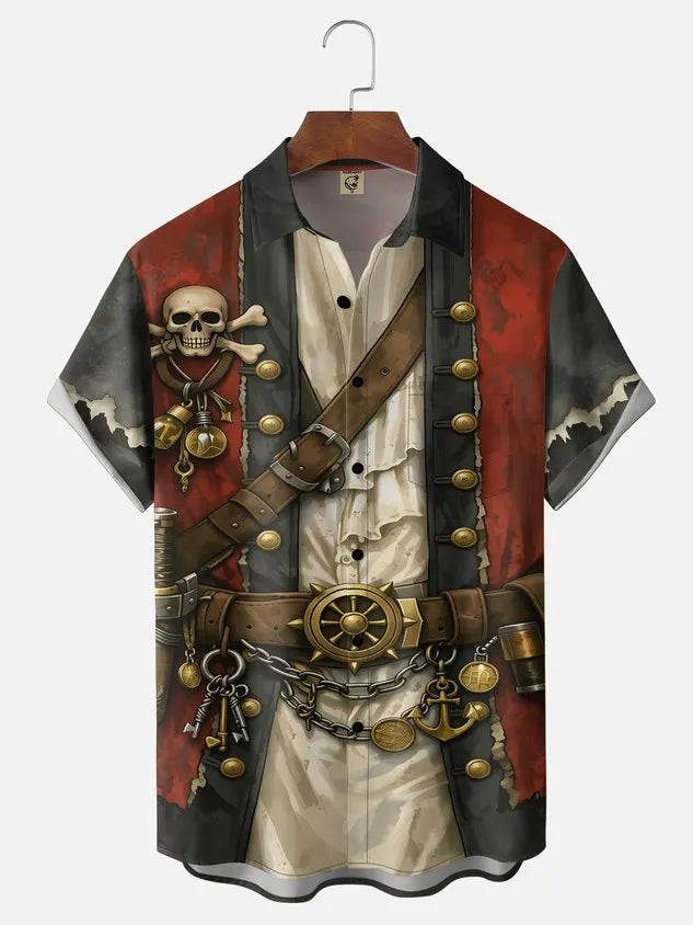 Moisture-Wicking  Fun Pirate Chest Pocket Hawaiian Shirt