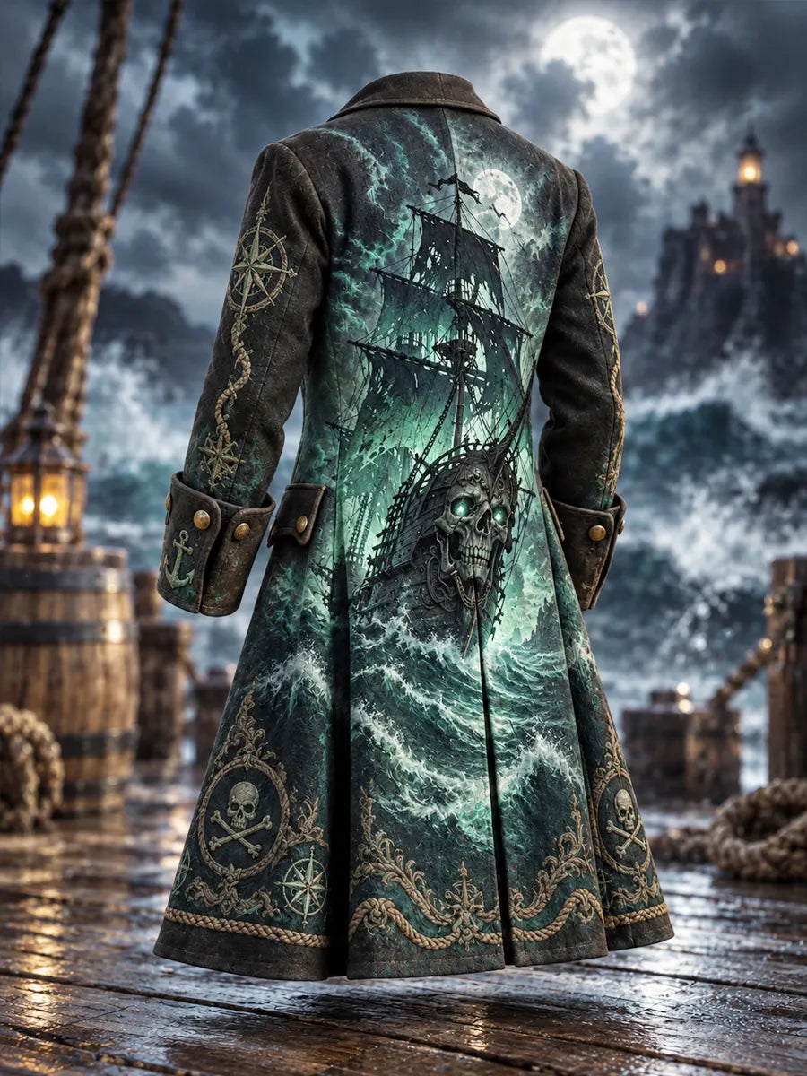 Men's Vintage Pirate Skull Art Print Coat
