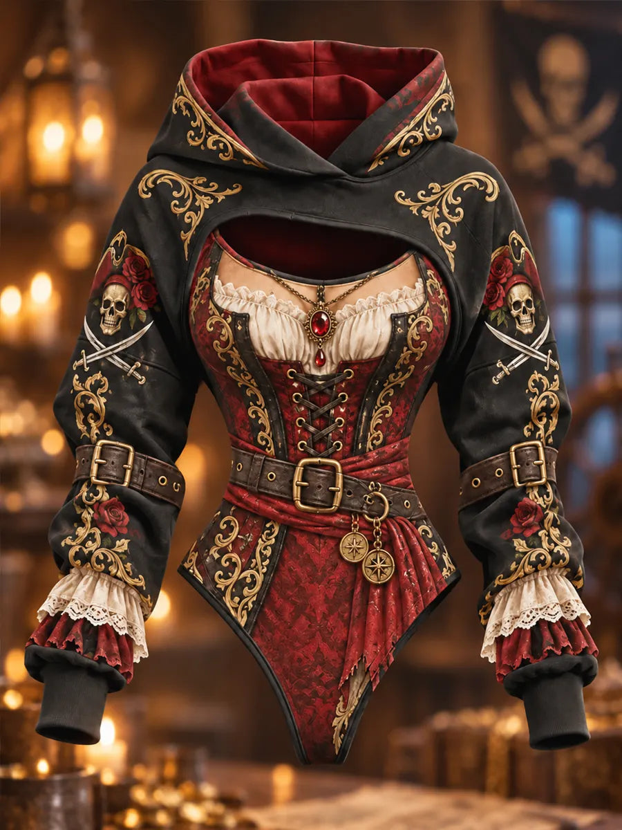 Women's Pirate Print Hooded Crop Top & Bodysuit 2-Piece Set