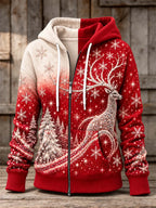 🦌 "Christmas Magic" Red & Cream Colorblock Reindeer & Snowflakes Zip-Up Hoodie