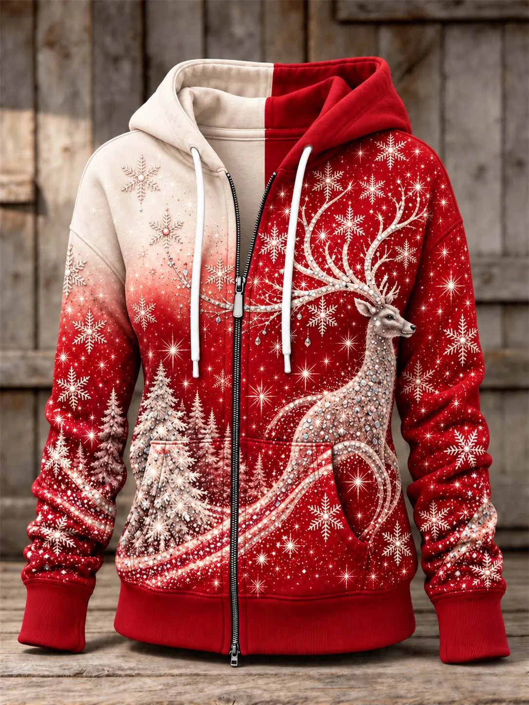 🦌 "Christmas Magic" Red & Cream Colorblock Reindeer & Snowflakes Zip-Up Hoodie