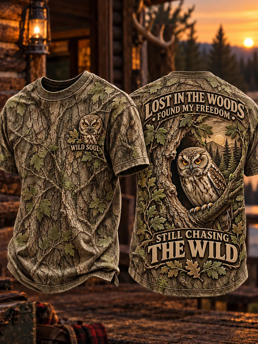 Men’s Retro “LOST IN THE WOODS · FOUND MY FREEDOM · STILL CHASING THE WILD” Hunting Season Printed T-Shirt