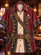 Men’s Pirate Captain Skull & Crossed Swords Print Short-Sleeve Button-Up Shirt