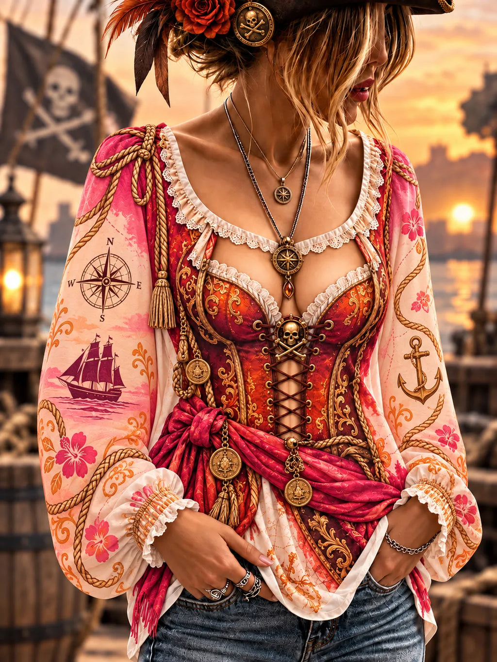 Women's Vintage-Style Pirate Art Print Casual Top