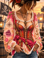 Women's Vintage-Style Pirate Art Print Casual Top