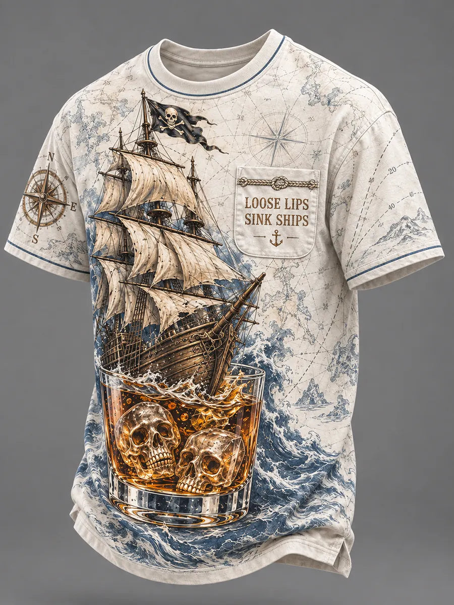 💀⚓"Golden Tide" Whiskey & Ship Parchment Tee🎵
