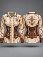Women's Vintage-Style Pirate Art Print Casual Long Sleeve Button Down Shirt