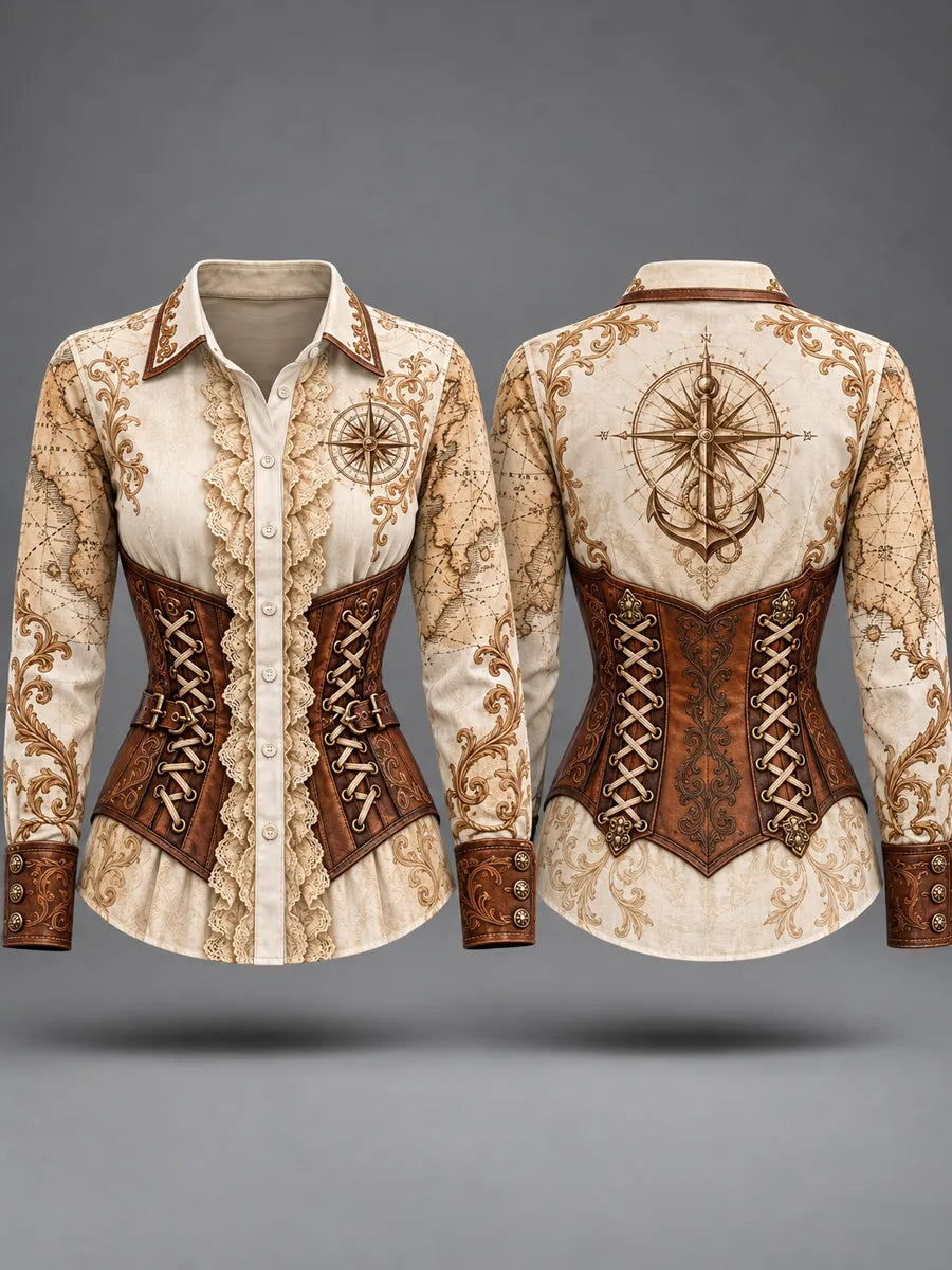 Women's Vintage-Style Pirate Art Print Casual Long Sleeve Button Down Shirt