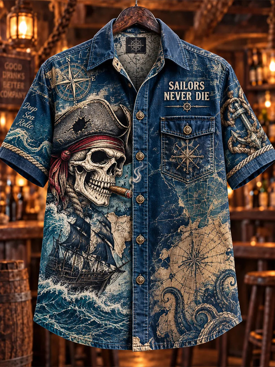 🏴‍☠️💀"Deep Sea Relic" Sailor Skull Denim Shirt🌊