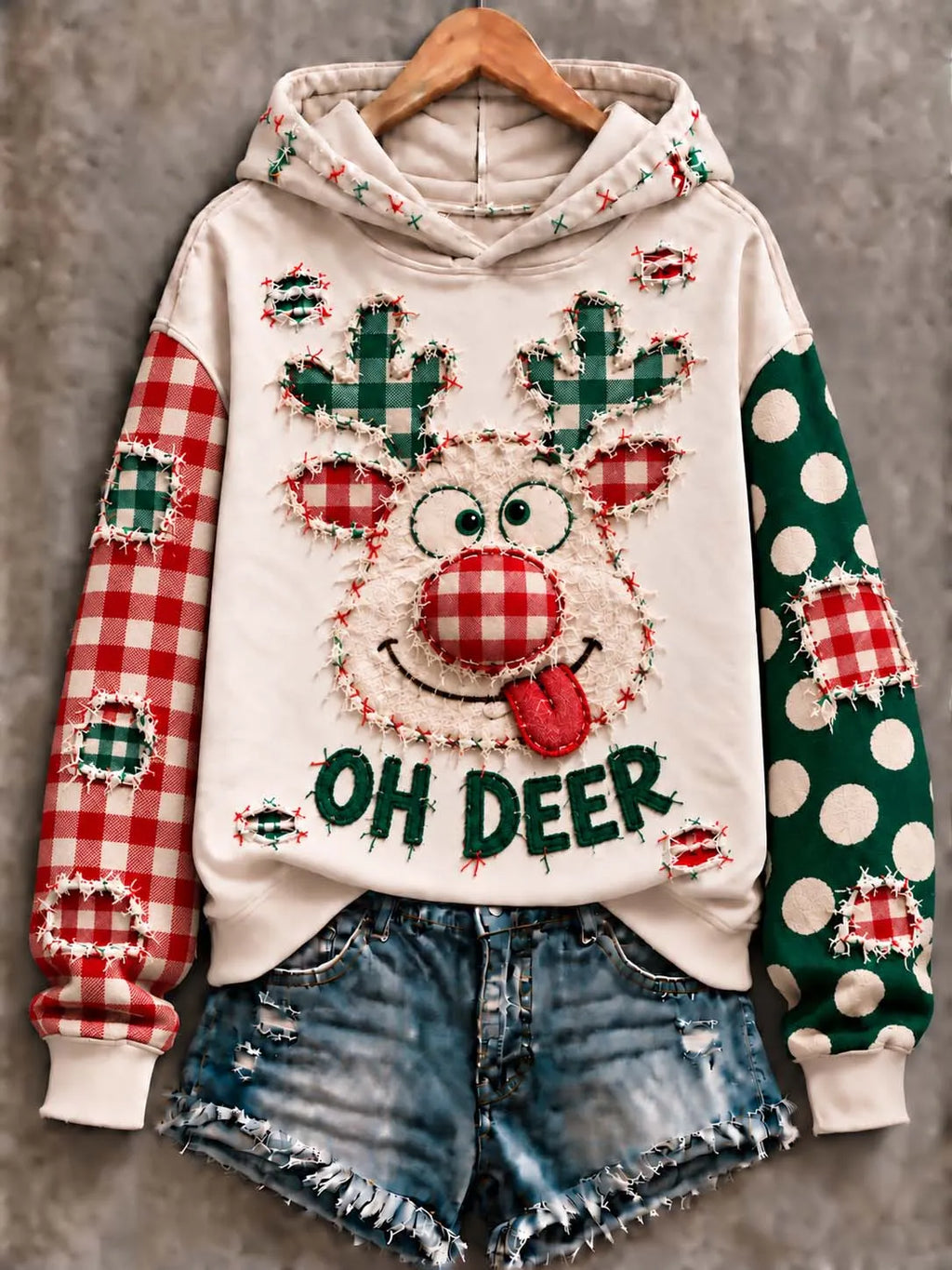 🦌 Silly Reindeer "Oh Deer" Plaid Antlers Christmas Hoodie