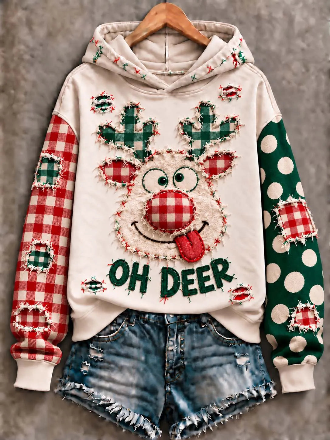 🦌 Silly Reindeer "Oh Deer" Plaid Antlers Christmas Hoodie