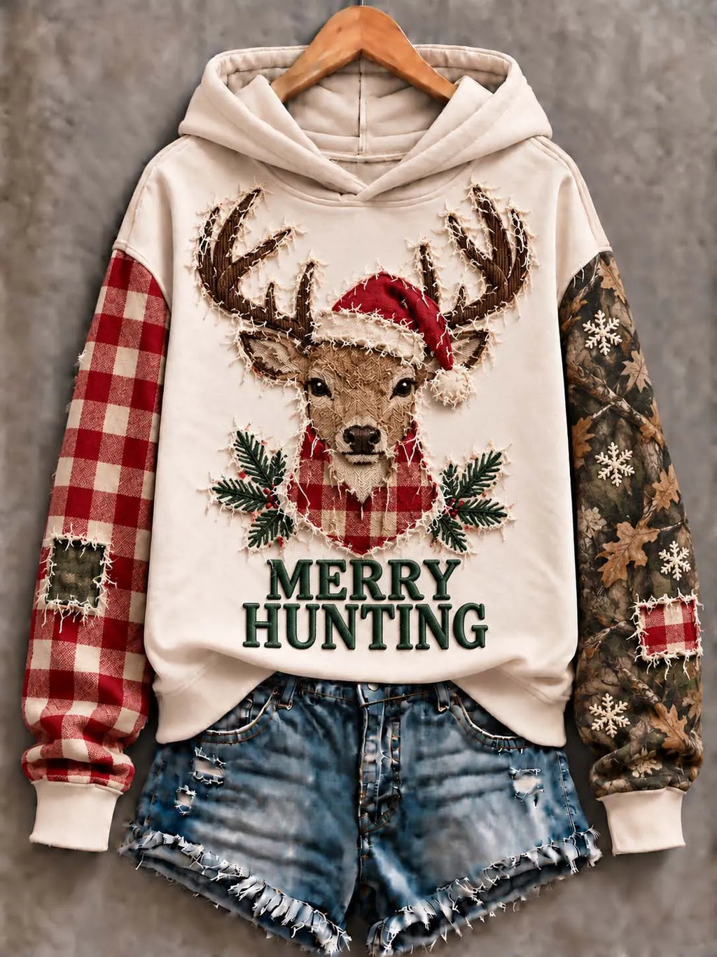 🦌 Camouflage & Plaid Reindeer "Merry Hunting" Christmas Hoodie