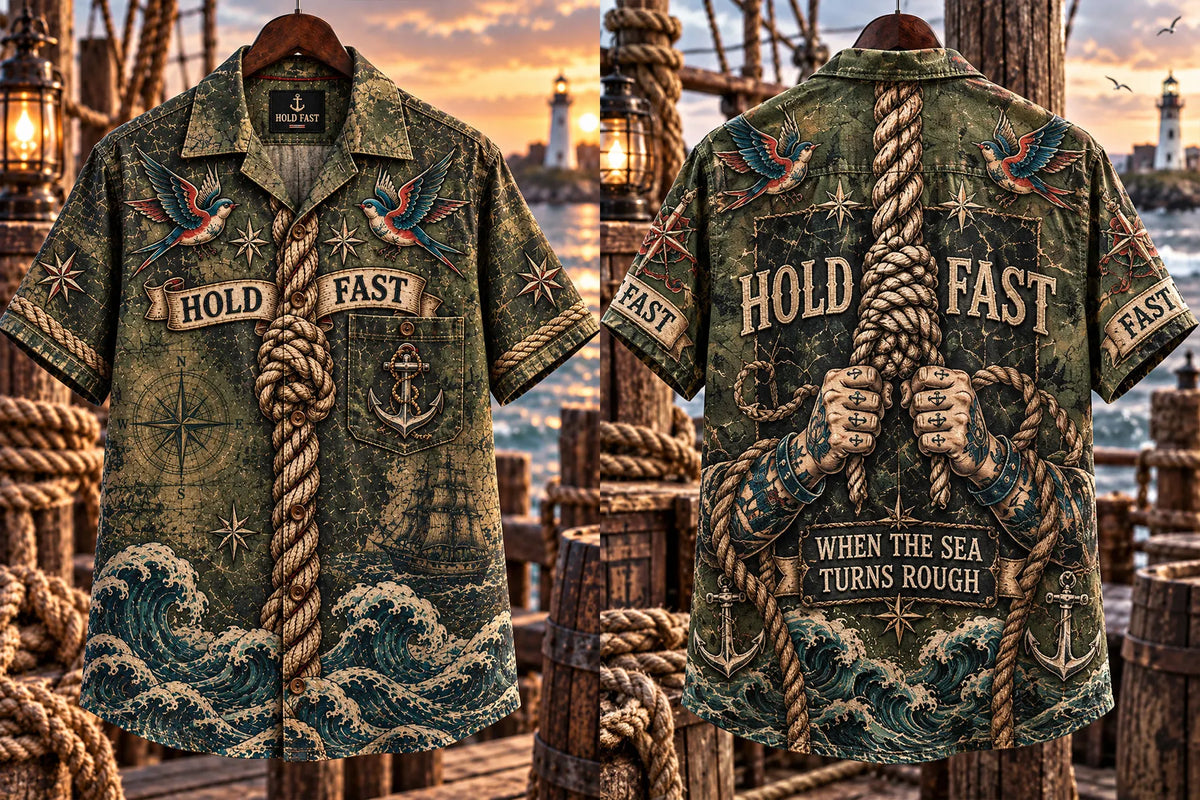 🪢 HOLD FAST Men's Vintage Sailor Tattoo Tightly Gripped Rope Military Green Casual Shirt