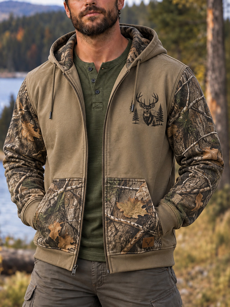 Men's Retro Hunting Culture Print Casual Full-Zip Hoodie