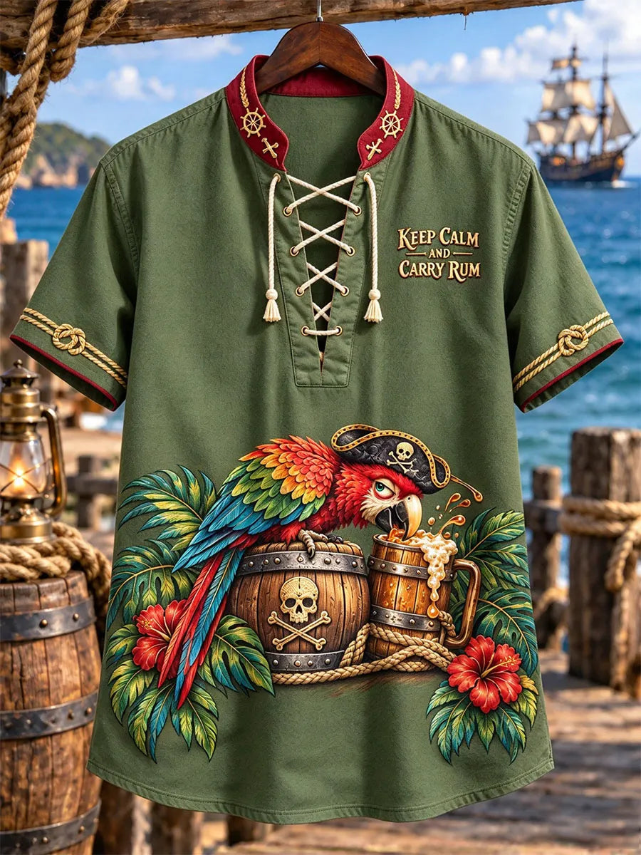 Men’s Pirate Parrot Rum Theme Lace-Up Short Sleeve Shirt