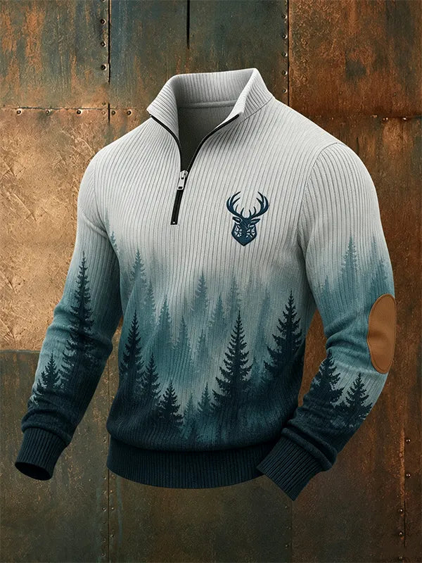 Men's Forest Mountain Deer Embroidery Quarter Zip Ribbed Top