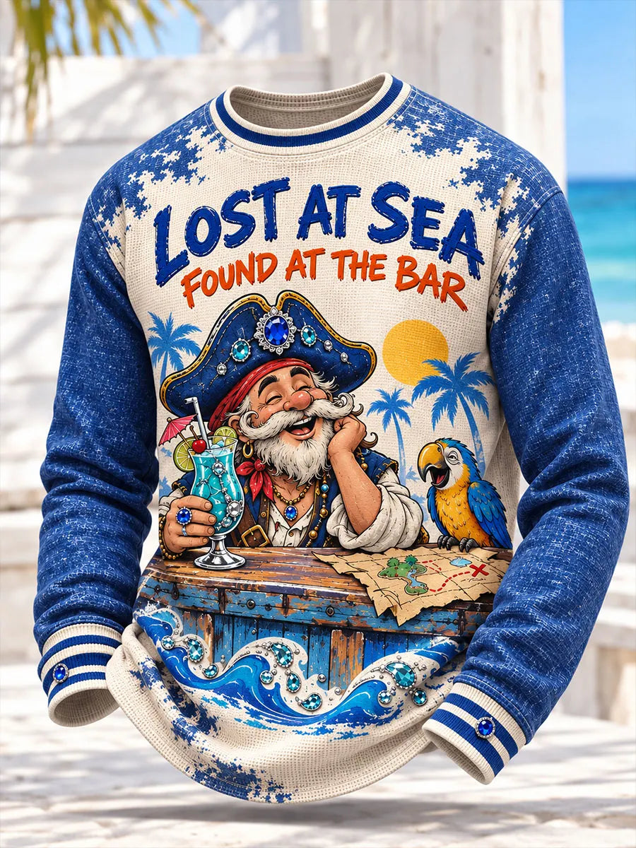 Lost at Sea Pirate Cocktail & Parrot Men's Fun Long Sleeve Shirt