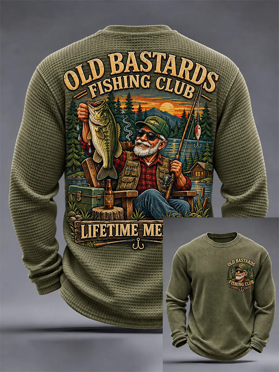Men's Funny Old Bastards Fishing Club Lifetime Member Print Waffle Long Sleeve Top