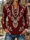 Women's Vintage Retro Reindeer Print Stitch-Detail Sweatshirt