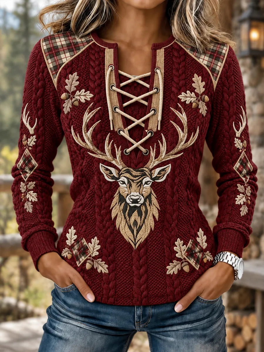 Women's Vintage Retro Reindeer Print Stitch-Detail Sweatshirt