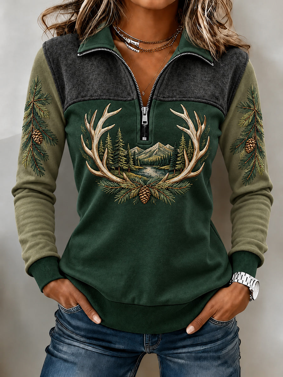 Women's Vintage  Retro Hunting Culture Art Print Colorblock Half-Zip Sweatshirt
