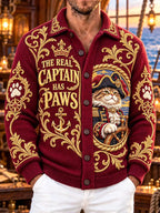 The Real Captain Has Paws Pirate Cat Men's Vintage Knit Cardigan