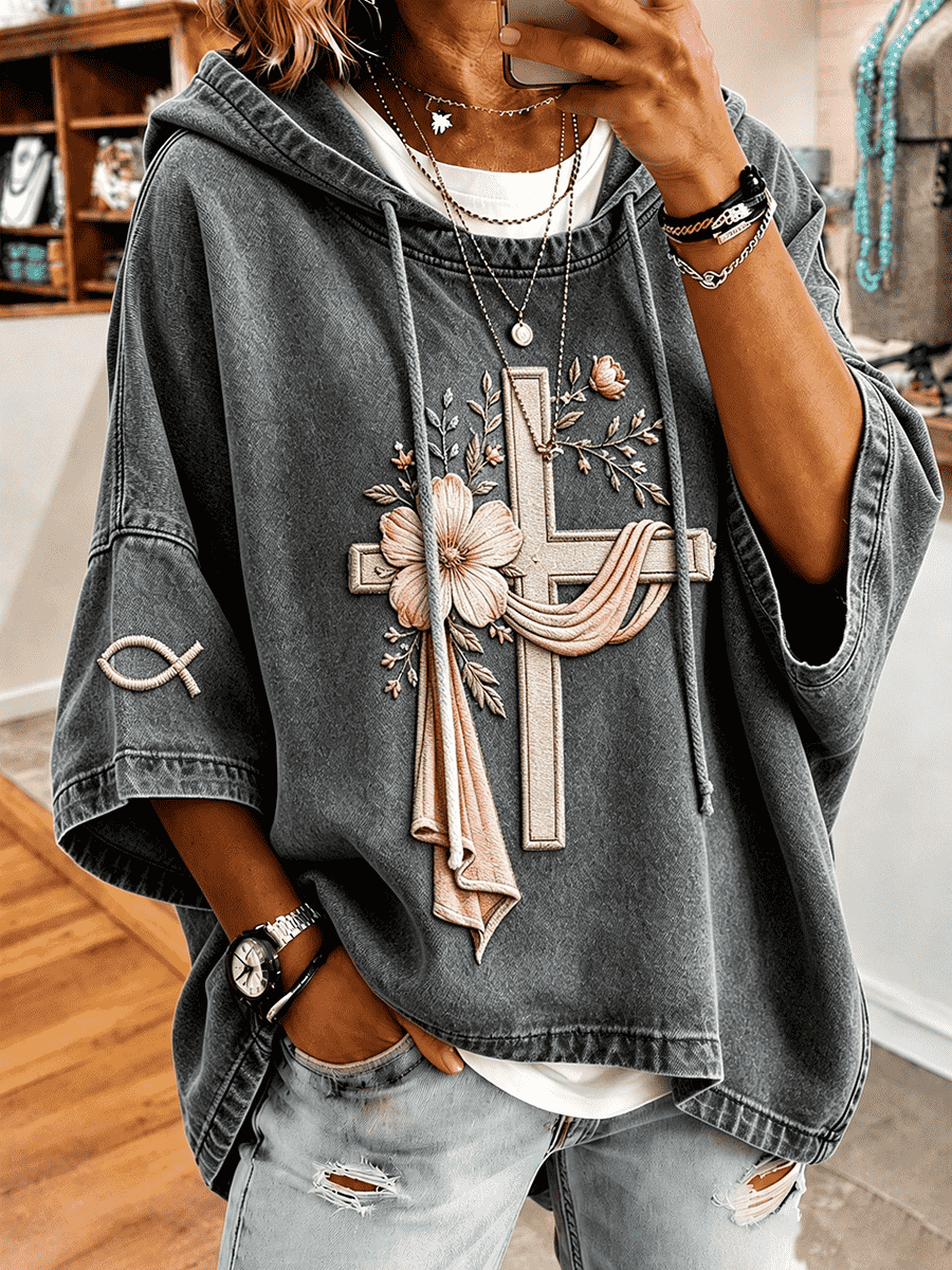 Women's Floral Ribbon Cross Fish Symbol Sleeve Embroidery Short Sleeve Hoodie
