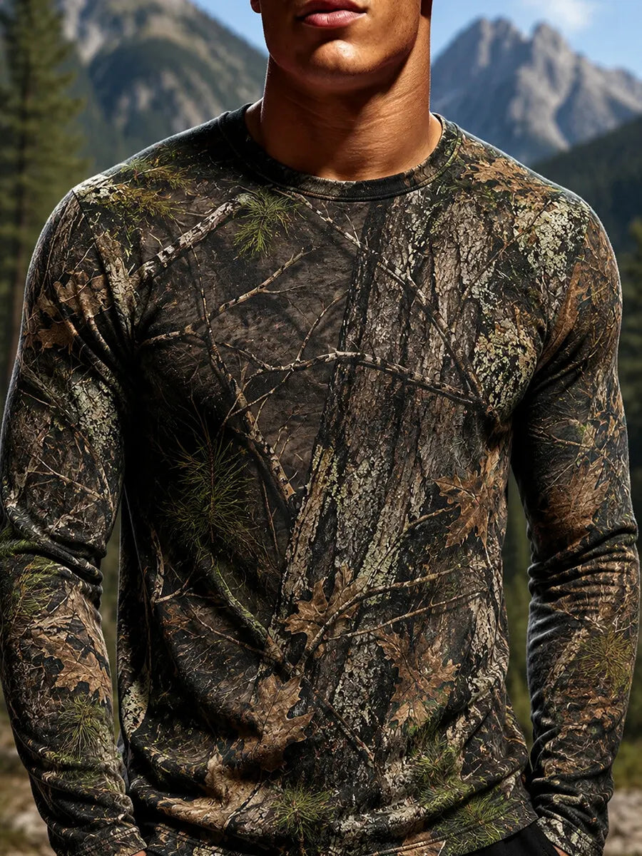 Men's Realistic Tree Bark Print Lightweight Thermal Long Sleeve T-Shirt