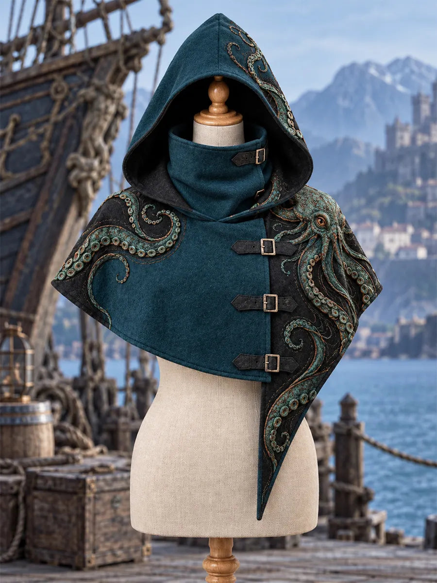 🐙 Abyssal Kraken Hooded Cape – Teal Octopus Tentacle Gothic Pirate Cloak