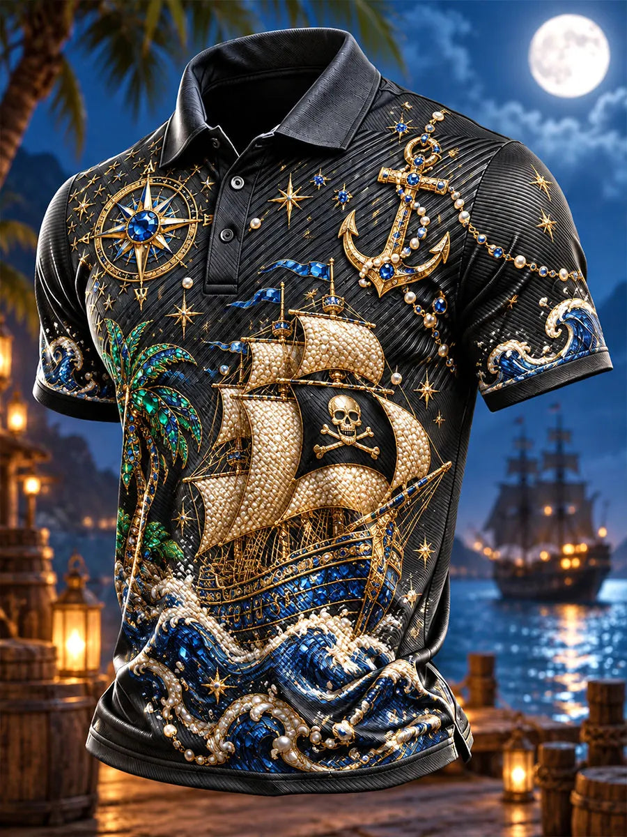 Sapphire Jeweled Pirate Ship & Anchor Luxury Men's Polo Shirt